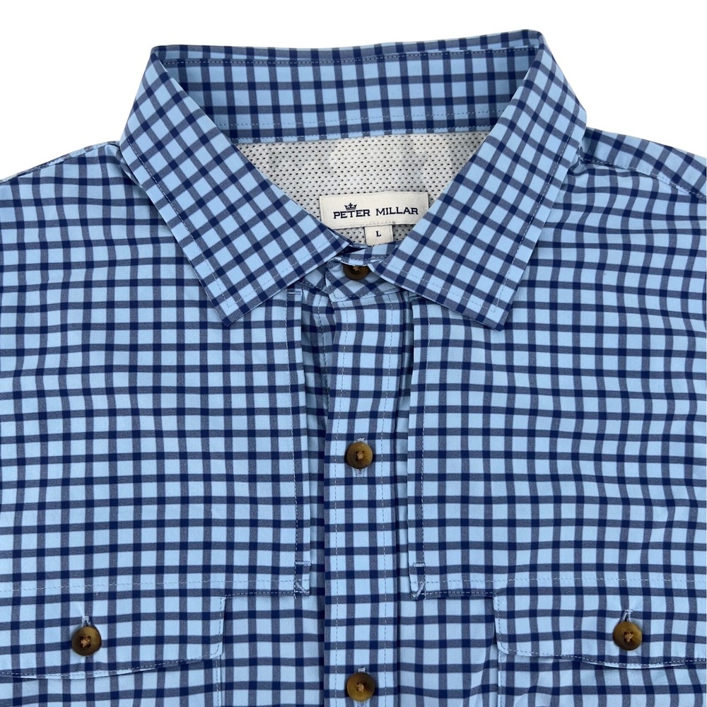Peter Millar Pelican Marsh Blue Check Long Sleeve Shirt Mens L